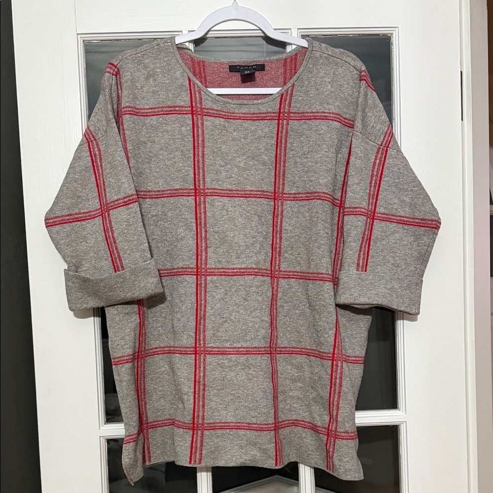 Tahari Gray and Red Plaid Sweater
